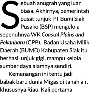 Sebuah anugrah yang luar biasa. Akhirnya, pemerintah pusat tunjuk PT Bumi Siak Pusako (BSP) mengelola sepenuhnya WK C...