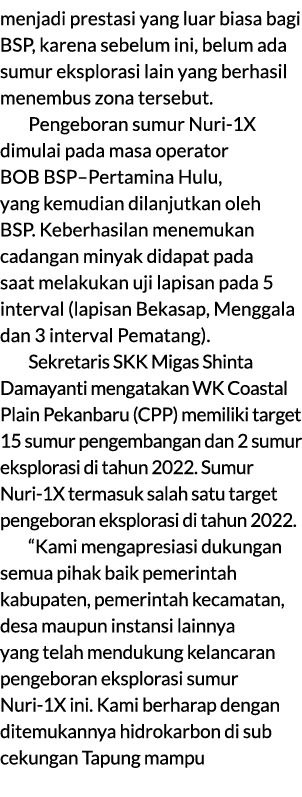 menjadi prestasi yang luar biasa bagi BSP, karena sebelum ini, belum ada sumur eksplorasi lain yang berhasil menembus...