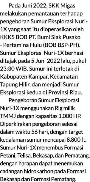 Pada Juni 2022, SKK Migas melakukan pemantauan terhadap pengeboran Sumur Eksplorasi Nuri 1X yang saat itu dioperasika...