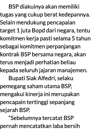 BSP diakuinya akan memiliki tugas yang cukup berat kedepannya. Selain mendukung pencapaian target 1 juta Bopd dari ne...