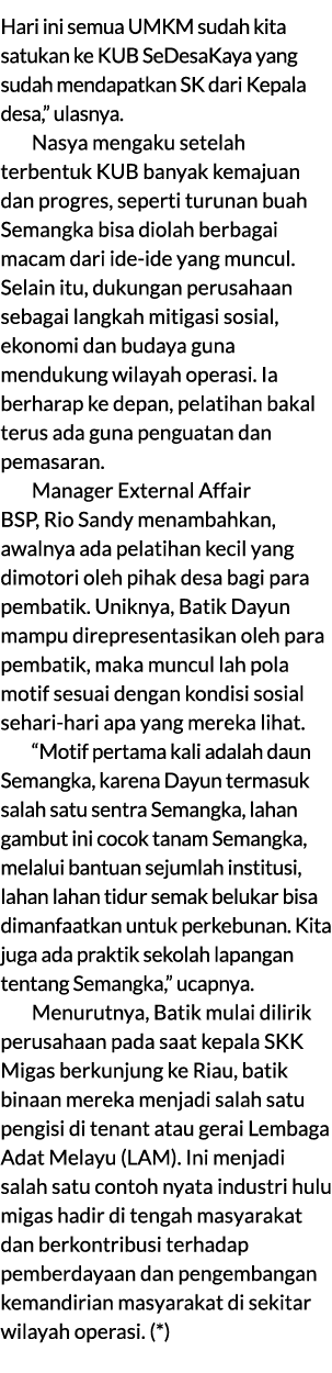 Hari ini semua UMKM sudah kita satukan ke KUB SeDesaKaya yang sudah mendapatkan SK dari Kepala desa,” ulasnya. Nasya ...