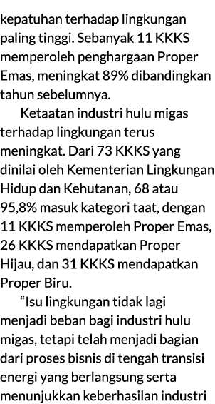 kepatuhan terhadap lingkungan paling tinggi. Sebanyak 11 KKKS memperoleh penghargaan Proper Emas, meningkat 89% diban...