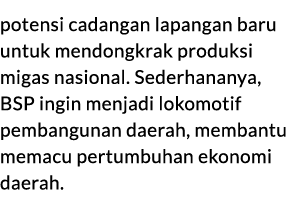 potensi cadangan lapangan baru untuk mendongkrak produksi migas nasional. Sederhananya, BSP ingin menjadi lokomotif p...