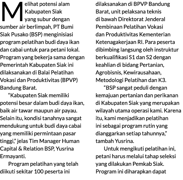 Melihat potensi alam Kabupaten Siak yang subur dengan sumber air berlimpah, PT Bumi Siak Pusako (BSP) menginisiasi pr...